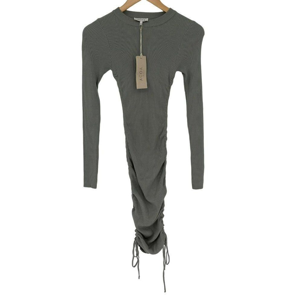 ACOA Collection Scrunch Side Ribbed Stretchy Bodycon Dress Sage Green Small‎
